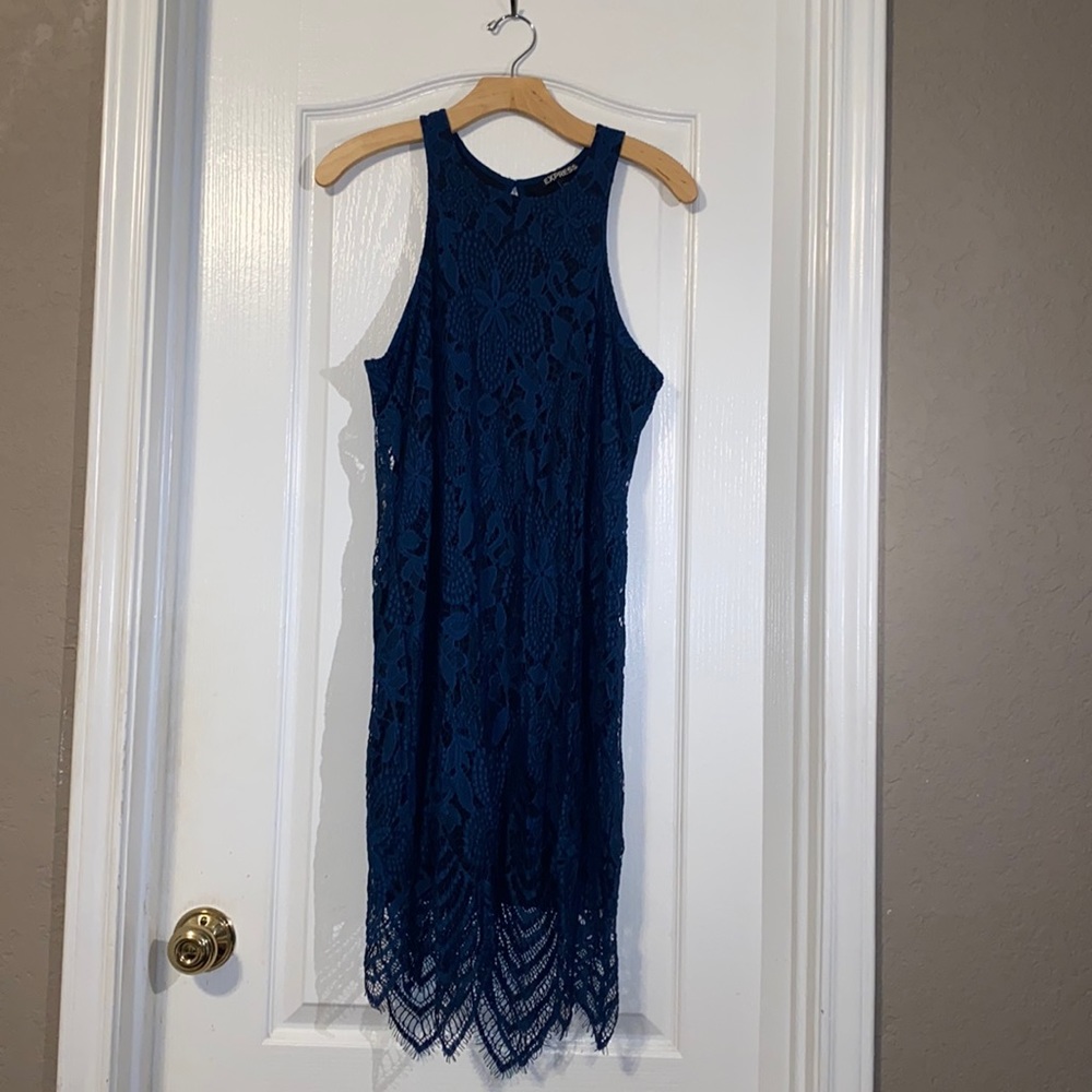 Express Blue/Black Lace Halter Dress Medium